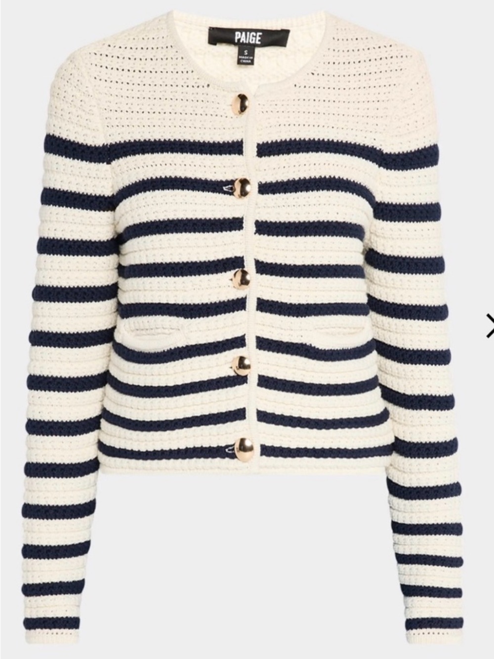PAIGE Cream and Navy Striped Crochet Cardigan with Gold Buttons